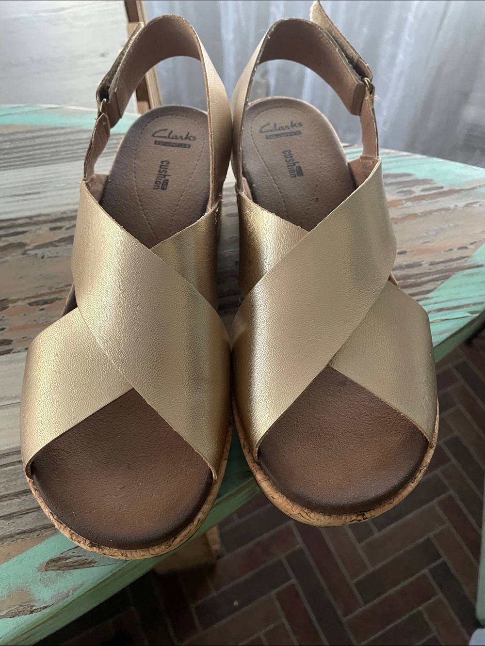 Clarks Platform Crisscross Gold Sandals - Size 10
